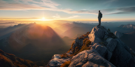 A person standing on a mountain peak with a scenic view of the surrounding landscape at sunrise.の素材