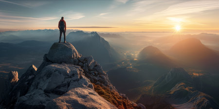 A person standing on a mountain peak with a scenic view of the surrounding landscape at sunrise.の素材