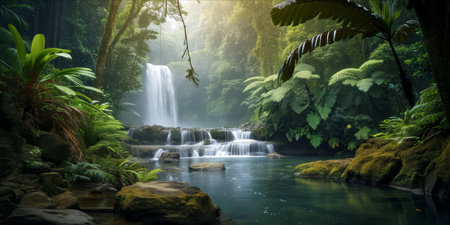 A serene tropical rainforest with a waterfall and lush vegetation.の素材