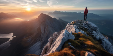 A person standing on a mountain peak with a scenic view of the surrounding landscape at sunrise.の素材