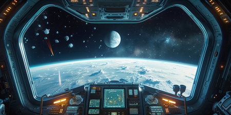 View from a spaceship cockpit overlooking Earth and outer space.の素材
