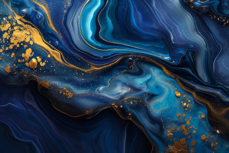 An abstract fluid art piece with swirling blue and gold patterns.の素材