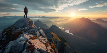 A person standing on a mountain peak with a scenic view of the surrounding landscape at sunrise.の素材