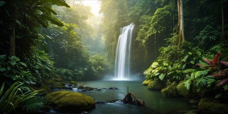 A serene tropical rainforest with a waterfall and lush vegetation.の素材