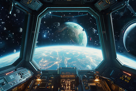 View from a spaceship cockpit overlooking Earth and outer space.の素材