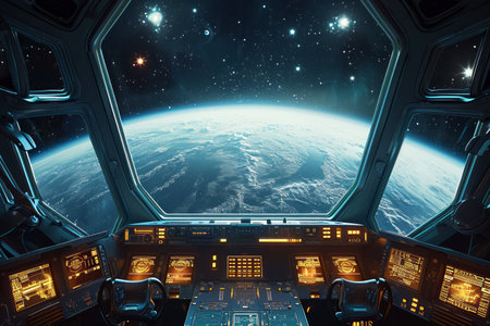 View from a spaceship cockpit overlooking Earth and outer space.の素材