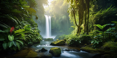 A serene tropical rainforest with a waterfall and lush vegetation.の素材