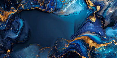 An abstract fluid art piece with swirling blue and gold patterns.の素材