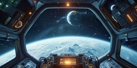 View from a spaceship cockpit overlooking Earth and outer space.の素材