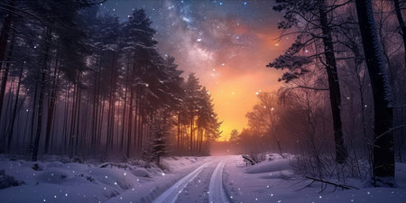 A snowy forest path under a starry night sky with a warm glow on the horizon.の素材
