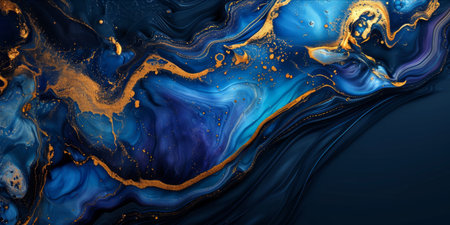 An abstract fluid art piece with swirling blue and gold patterns.の素材