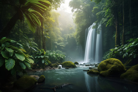 A serene tropical rainforest with a waterfall and lush vegetation.の素材