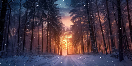 A snowy forest path under a starry night sky with a warm glow on the horizon.の素材