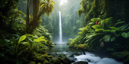 A serene tropical rainforest with a waterfall and lush vegetation.の素材