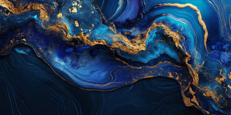 An abstract fluid art piece with swirling blue and gold patterns.の素材