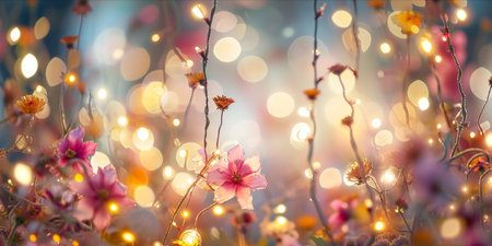A whimsical array of flowers and lights creating a dreamy bokeh effect.の素材