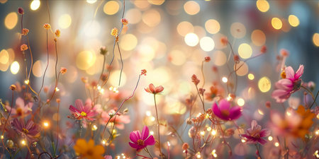 A whimsical array of flowers and lights creating a dreamy bokeh effect.の素材