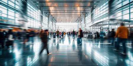 Busy airport terminal with people in motion and architectural details.の素材