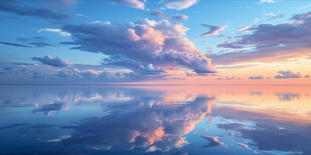 Serene seascape with voluminous clouds reflecting in calm waters during sunrise or sunset.の素材