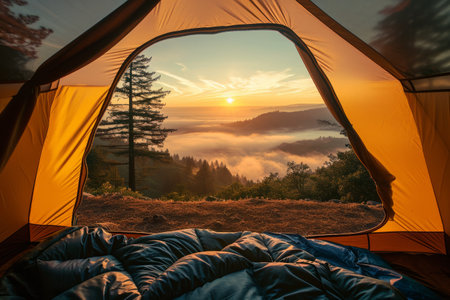 Sunrise view from inside a tent overlooking a mist covered mountain range.の素材