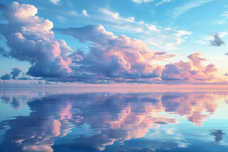 Serene seascape with voluminous clouds reflecting in calm waters during sunrise or sunset.の素材