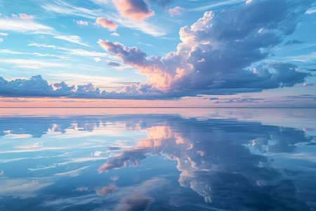 Serene seascape with voluminous clouds reflecting in calm waters during sunrise or sunset.の素材
