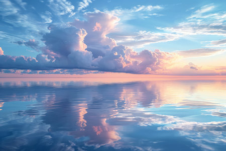 Serene seascape with voluminous clouds reflecting in calm waters during sunrise or sunset.の素材
