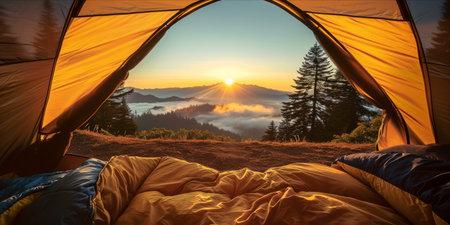 Sunrise view from inside a tent overlooking a mist covered mountain range.の素材