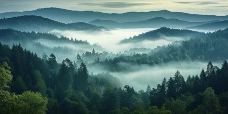 Misty forest with layered hills and morning lightの素材