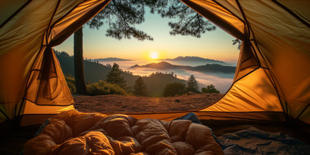 Sunrise view from inside a tent overlooking a mist covered mountain range.の素材