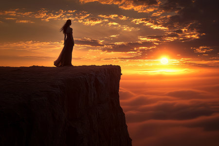 Woman standing on cliff edge at sunsetの素材