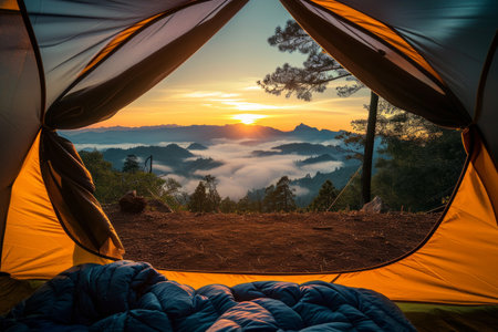 Sunrise view from inside a tent overlooking a mist covered mountain range.の素材