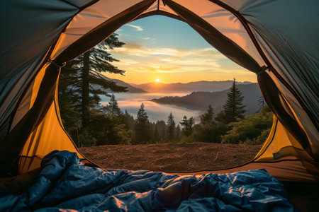 Sunrise view from inside a tent overlooking a mist covered mountain range.の素材