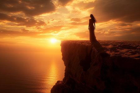 Woman standing on cliff edge at sunsetの素材