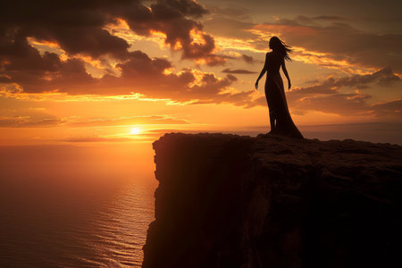 Woman standing on cliff edge at sunsetの素材