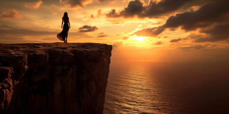 Woman standing on cliff edge at sunsetの素材