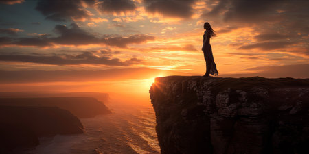 Woman standing on cliff edge at sunsetの素材
