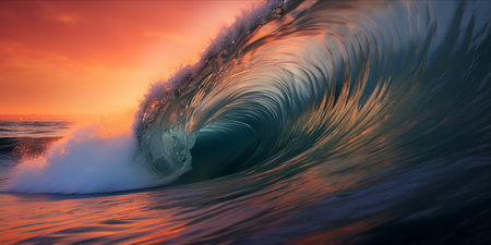 A swirling wave captured at twilight with the sunset hues reflecting on the water.の素材