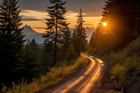A winding road through a forested mountain area at sunset.の素材