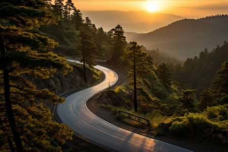 A winding road through a forested mountain area at sunset.の素材