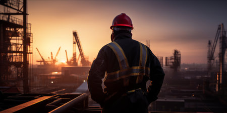 A worker in safety gear overlooking an industrial construction site at dawn.の素材
