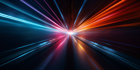 Long exposure of colorful light trails in motion on a dark background.の素材