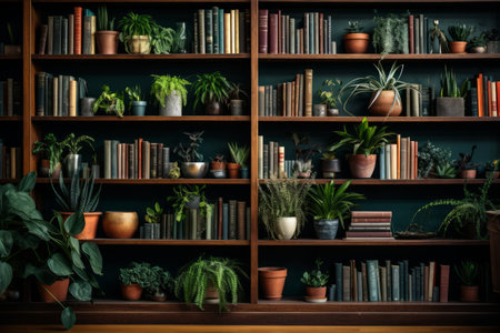 Modern bookshelf with an assortment of plants and books in a cozy setting.の素材