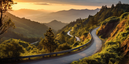 A winding road through a forested mountain area at sunset.の素材