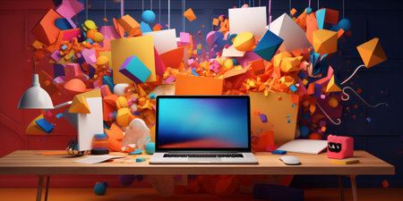 Vibrant 3D illustration of a creative workspace with floating geometric shapes and bright colors.の素材