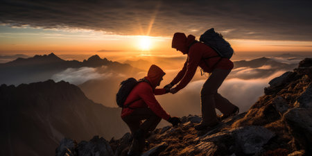 Two hikers on a mountain ridge at sunrise, one reaching out to help the other.の素材