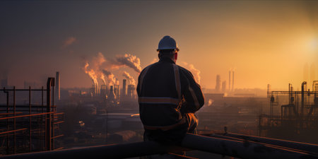 A worker in safety gear overlooking an industrial construction site at dawn.の素材