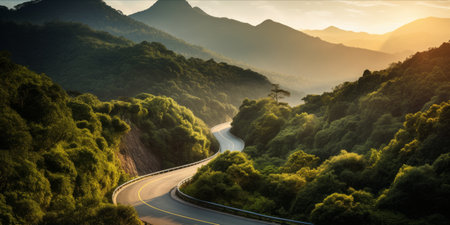 A winding road through a forested mountain area at sunset.の素材