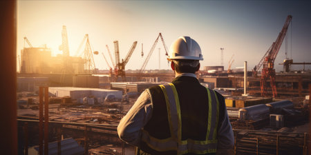 A worker in safety gear overlooking an industrial construction site at dawn.の素材