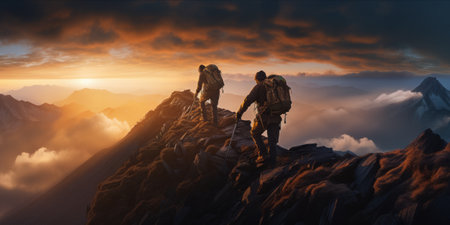 Two hikers on a mountain ridge at sunrise, one reaching out to help the other.の素材